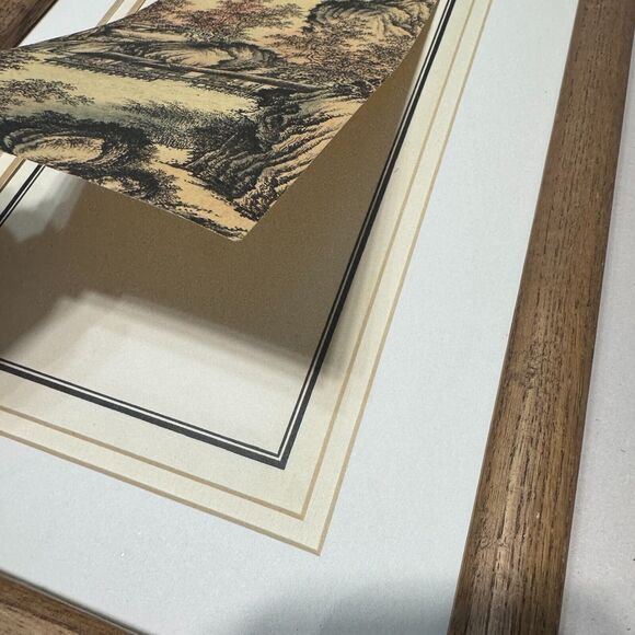 ASIAN Chinese LANDSCAPE art Watercolor paper w frame 15"x9" scroll - Picture 5 of 8